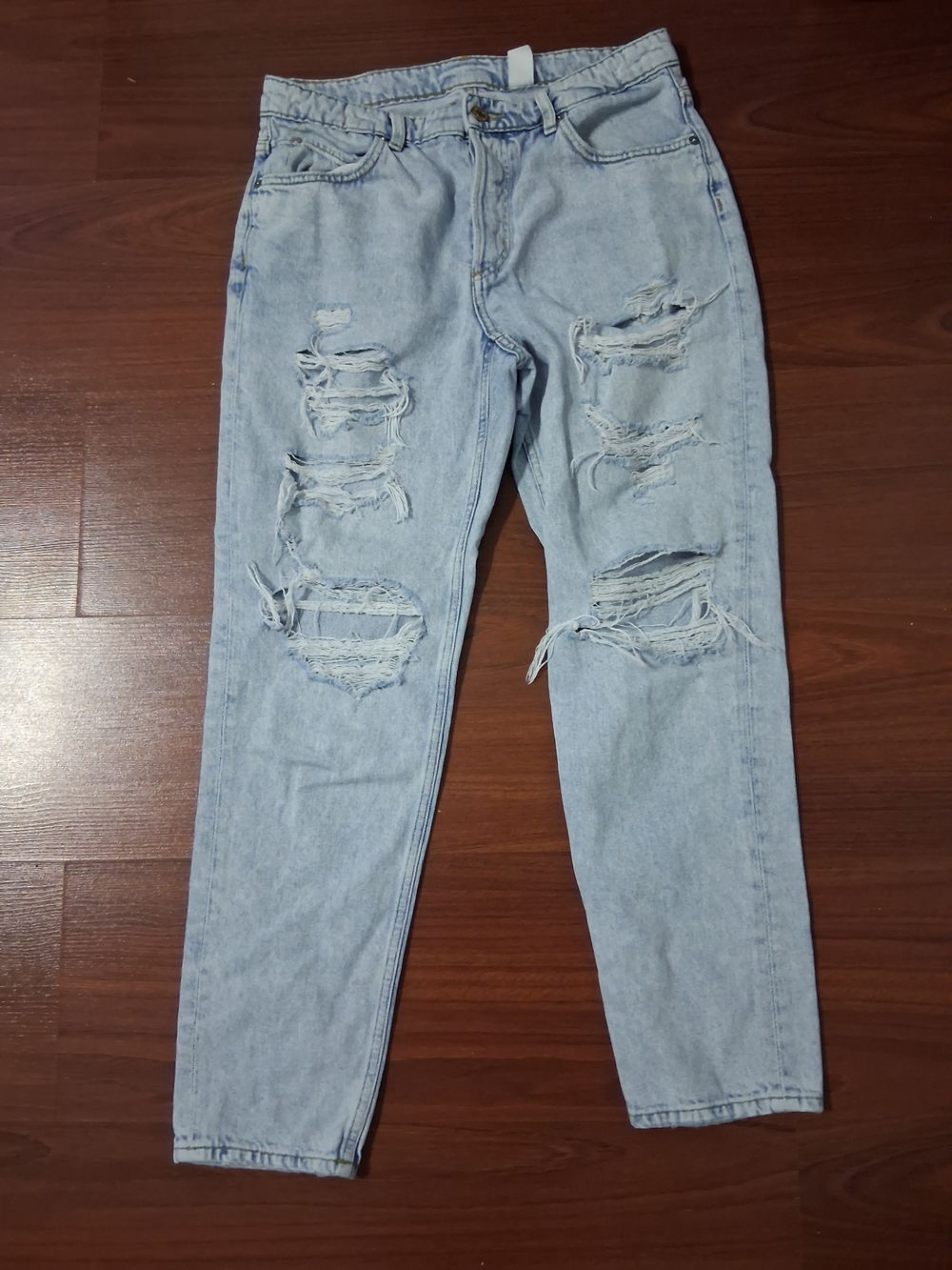 &Denim Distressed Light Wash Straight Leg Jeans - Women